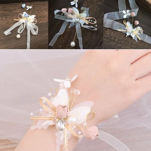 Pearl Crystal Wrist Corsage Bridesmaid Childrens Hand Flower Marriage Beautiful Bride Wedding Bracelets Girls Jewelry