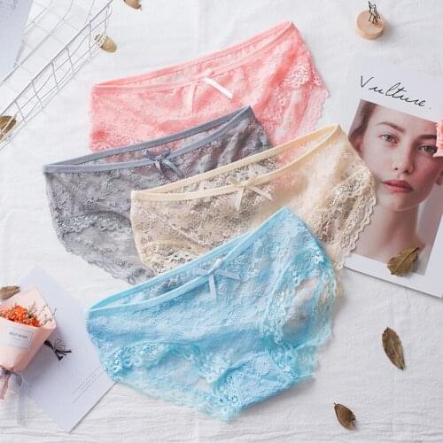 Flowers Breathable Comfortable Panties For Women Sexy Translucent Jacquard Bow Lace Low Waist Briefs Wholesale