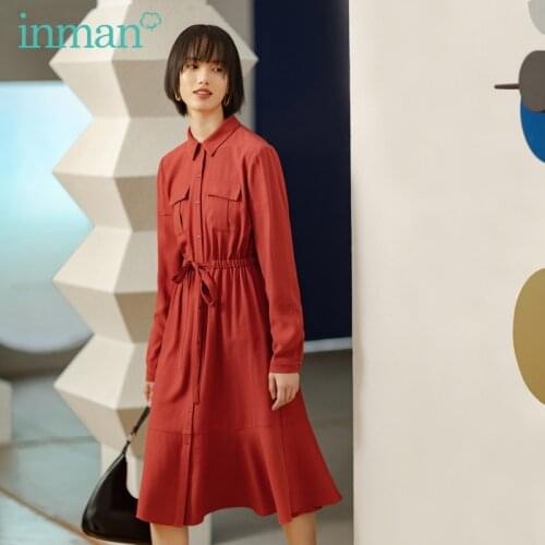 INMAN Spring Autumn Lapel Waist Single Breasted Literary Lady Long Sleeve Fishtail Skirt