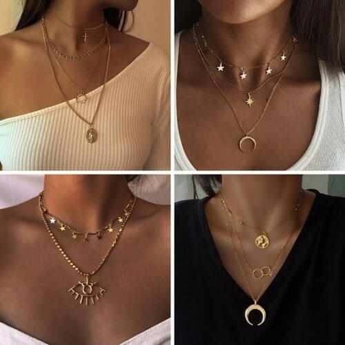 Gold Color Pendant Geometric Coin Necklace 2021 Ladies Necklace Multilayer Pearl Personality Necklace Fashion Trend Jewelry