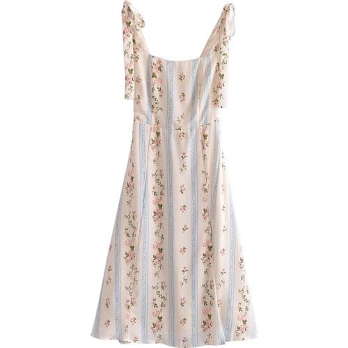 YENKYE Sweet Floral Print Sexy Slits Chiffon Dress Women Square Neck Sleeveless A-line Holiday Summer Vestido Prairie Chic Robe