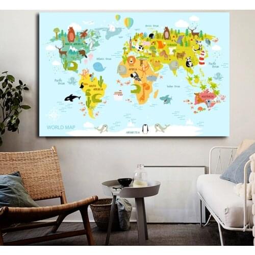 Animal World Map Poster Wall Art Colorful World Poster Canvas Painting Pictures Children Kids Room Decor Big Size