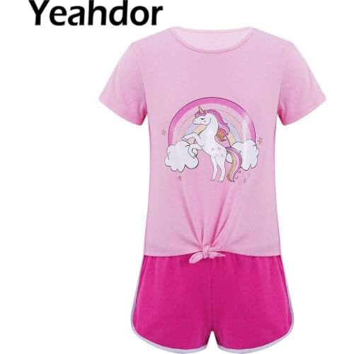 2Pcs Kids Girls Casual Sports Outfit Round Neck Short Sleeves Cartoon Horse Print T-shirt and Shorts Set Child Casual Sport Suit