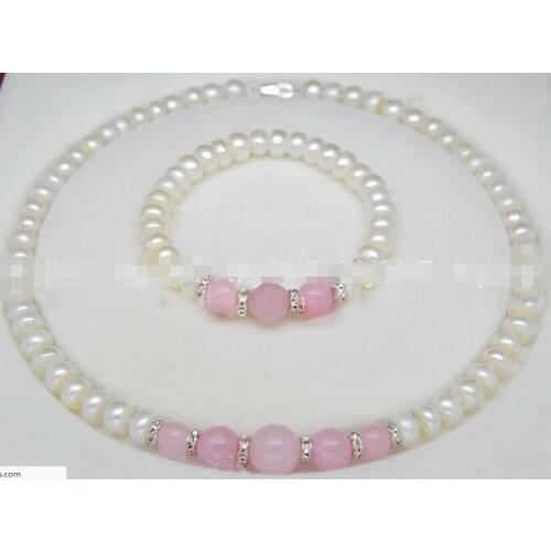 8-9MM White shell Pearl / pink Jade Gems Round Beads Necklace Bracelet AAA