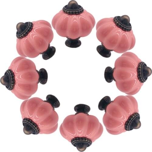 8pcs Pink Pumpkin Ceramic Cabinet Handles Door Knobs Drawer Vintage Cupboard Kitchen Pull Retro Hardware