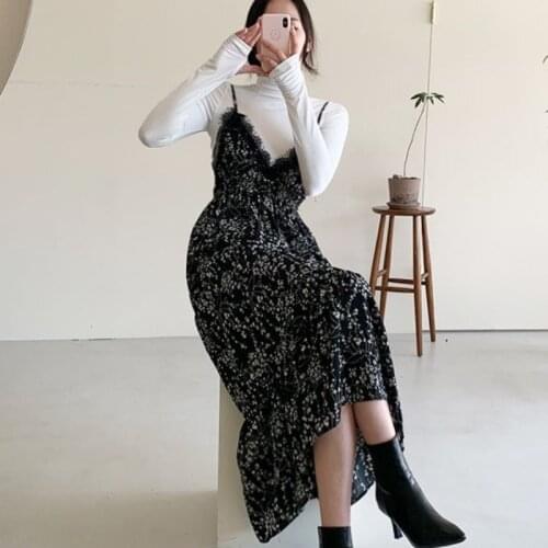 White Long Sleeve T Shirts High Collar Tops Sexy Lace Patchwork Floral Chiffon Dress Spaghetti Strap Sets Fashion Retro Bottom
