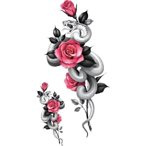 White Snake Temporary Tattoo Stickers Sexy Red Rose Branches and Leaves Fake Tattoos Waterproof Tatoos Arm Large Size for Women