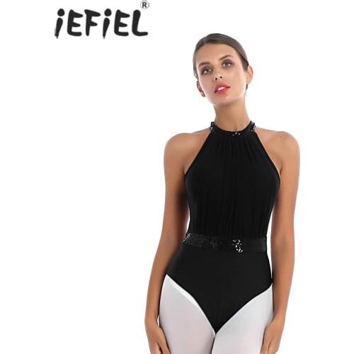 Women Cutout Back Halter Neck Bodysuit Shiny Sequin Waist Sleeveless Leotard Dance Costume Swimwear for Ballet Performance