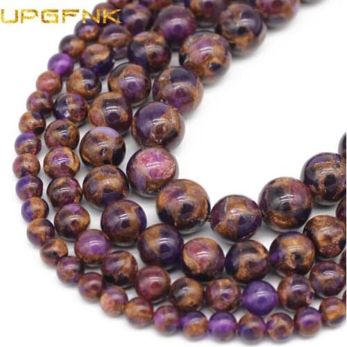 Purple Gold Cloisonne Beads Natural Stone 6/8/10MM Round Spacer Beads For Jewelry Making DIY Bracelet Ear Studs Accessories