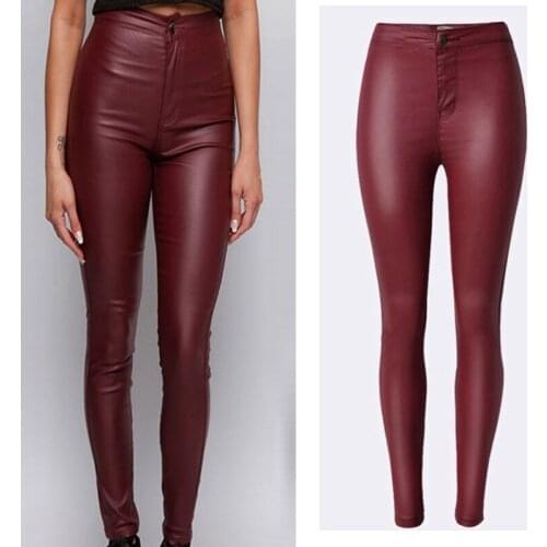 Fashion Shiny High Waist Womens Stretchy Leather Leggings Wine Red Faux Leather Pants Sexy Party Ankle-length Pencil Pants