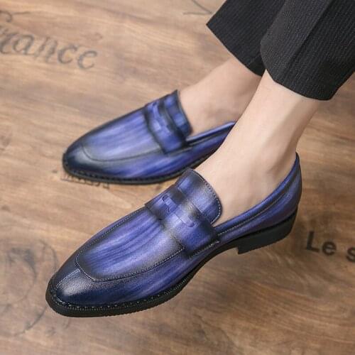 2021 Autumn PU Leather Shoes Man Casual Pointed Toe Blue Business Mens Loafers Comfortable Mens Fashion Shoes свадебные туфли