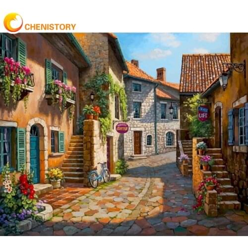 CHENISTORY Painting By Numbers Village Street DIY Coloring By Numbers HandPainted Kit Drawing Canvas Pictures Scenery Home Decor