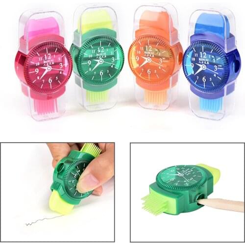 New 1pc 3 In 1 Lovely Kawaii School Stationery SuppliesMini Novelty Wristwatch Modeling Pencil Sharpener With Eraser And Brush