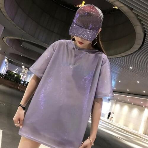 New Fashion Women Bling Glitter Shiny Solid Color Tops Short Sleeve Loose O Neck T-Shirts Ladies Casual Long Tees for Female