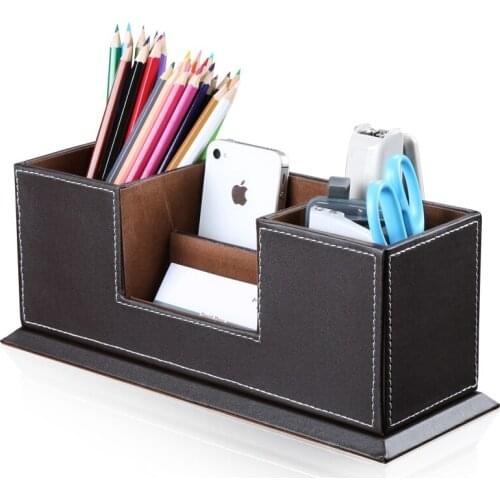Office Artificial Leather Desktop Stationery Organizer Double Pen Spot Pencil Holder