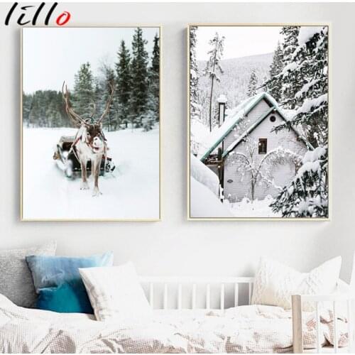 Deer pine forest snow sence winter wall art nordic canvas painting posters and prints pictures wall for living room decor