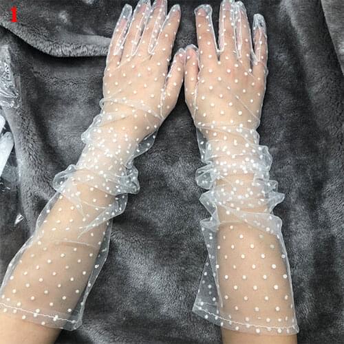 1 Pair Long Sleeves Ultra Thin Gloves Women Tulle Gloves Dot Lace Mesh Mittens Bride Wedding Full Finger Gloves White Black