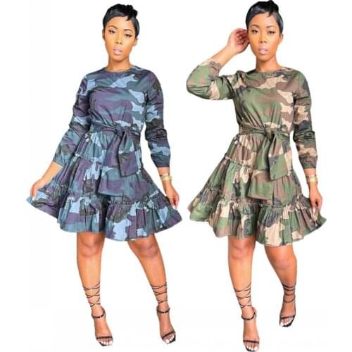 Long-Sleeved Dress Casual Womens Dresses Autumn African Camouflage Clothing Round Neck Blue Print Lace Up Slim Camouflage Dress