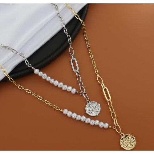 Lifefontier Vintage Coin Pendant Necklace for Women Gold Silver Color Metal Chain Irregular Pearl Necklace Jewelry Accessories