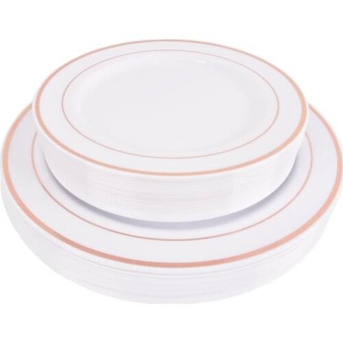 Rose Gold Disposable Plastic Plates-Rose Gold rim Wedding Party Plates,Premium Heavy Duty Dinner Plates and Salad Plates-25Packs