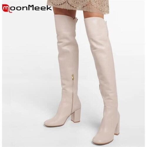 MoonMeek Genuine Leather Boots Thick Heels Fashion Women Boots Winter Zipper Over The Knee Boots Concise Casual Strech Boots