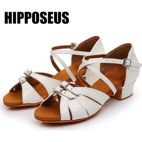 HIPPOSEUS Children Latin Dance Shoes Tango Girls Ballroom Women Modern Dance Shoes Ladies Low Heel Soft Kids Dance Shoes White