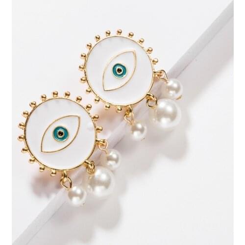 Turkish Round White Evil Eye Pearl Tassel Stud Earrings For Women 2020 Fashion Jewelry Oorbellen Femme