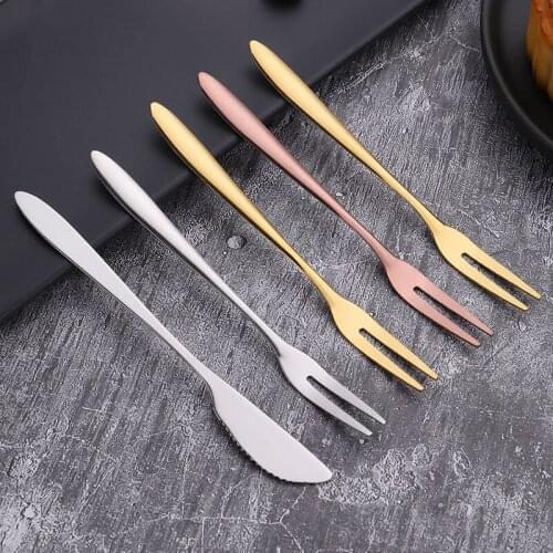 Stainless Steel Fruit Fork Tableware Dessert Cake Gold Silver Color Reusable Two Tine Fork Household Hotel Utensils For Kitchen