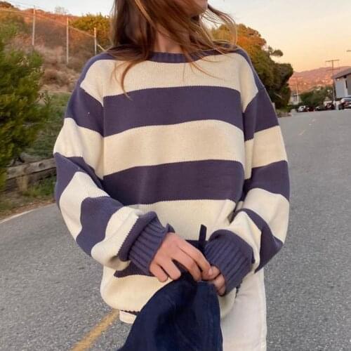 Vintage Striped Knitted Sweater Women Autumn Casual Oversize Drop Shoulder Sweater Femme Retro Streetwear Cotton Tops Chic
