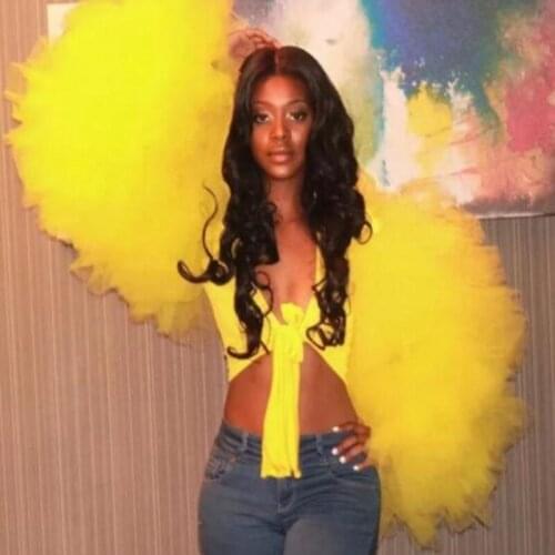 Bright Yellow Fluffy Tiered Sleeve Tops Black Shirt Only 2 Pieces Sleeve Ruffles Mesh Tulle Fashion Women Outfit Wear Sexy