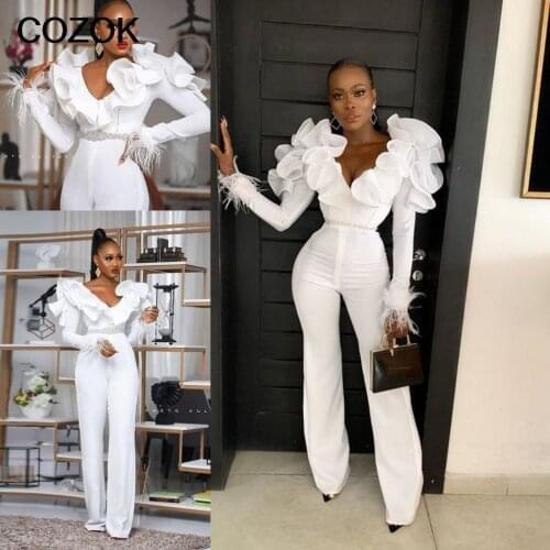 Plus Size 2021 Wedding Jumpsuit Dresses with Beaded Belt Ruffles Long Sleeve African Nigerian Bridal Gowns with Pant Suit Robes