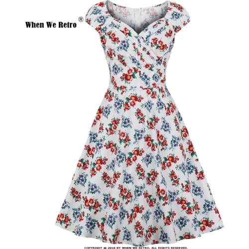 Summer Women Cotton Floral Dress VD2090 Square Neck 50s Vintage Dress White Robe Femme Clothing