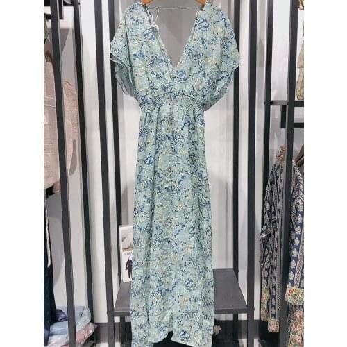 Women V-Neck Floral Print Midi Dress Elastic Waist V-Neck Lace-Up Ladies Backless Loose Long Robe 2021 Summer