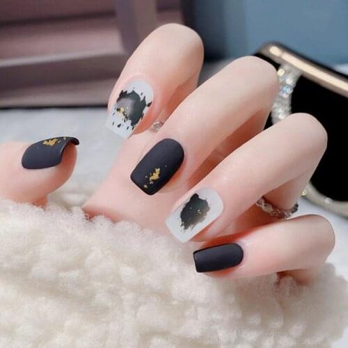 24pcs/Set Summer Black White False Nails Middle Long Square Foils Decals Artificial Full Manicure Nail Art Tips Faux Ongles