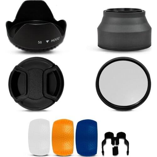 58MM UV Filter + Lens Hood + Cap+3 pop up diffuser for Canon Rebel T4i T3i T3 T2i T1i XT XS XSi 18-55mm