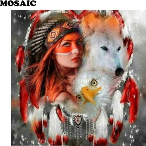 Diamond Painting Cross Stitch,indians girl and wolf full Square Diamond Embroidery mosaic Pattern,rhinestone,home Decor