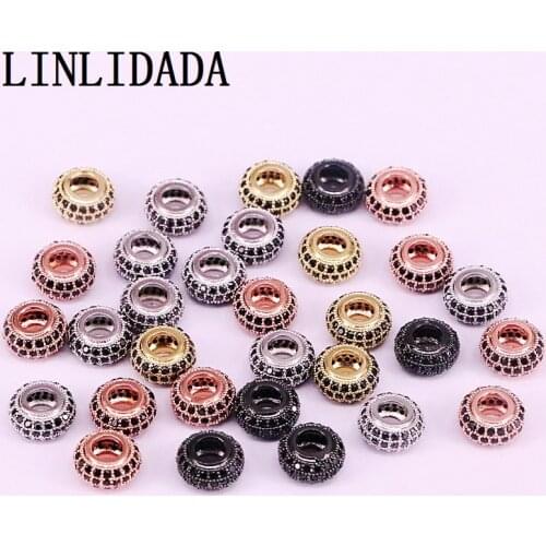 30Pcs Wholesale Micro Pave Black CZ Spacer Rondelle beads, Cubic Zirconia Big Hole beads, For Jewelry Making