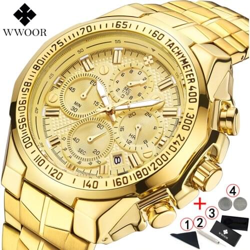 DP Relogio Masculino Wrist Watches Mens 2019 Top Brand Luxury WWOOR Golden Chronograph Men Watches Gold Big dial Male Wristwatch