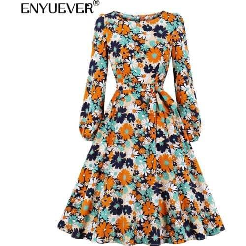 Enyuever Elegant Floral Print Women Dress Autumn Casual Clothes Long Sleeve Sashes Robe Pin Up Swing Retro Party Vintage Dress