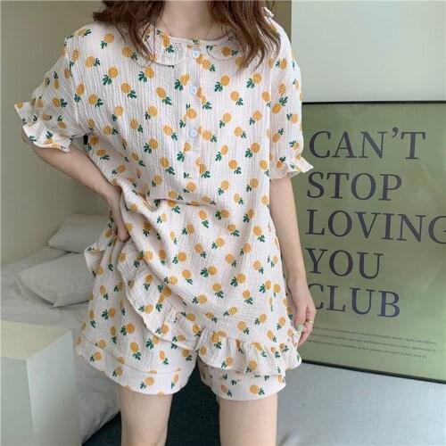 Summer women pajamas set cotton linen pineapple print sleepwear home suit short sleeve ruffles pullovers shorts 2 piece set Y462