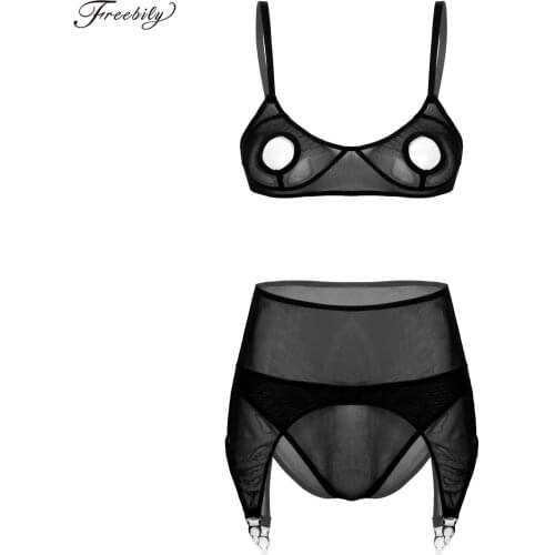 Women Bra Panties Lingerie Set Push Up See-Through Mesh Three-Piece Underwear Nightwear Hollow Out Unlined Briefs Garter Belt