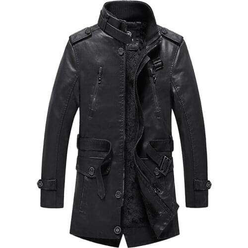 Fashion Winter Jacket Men Stand Collar Thick Velvet Coats Long Trench Coats Men Warm PU Leather Biker British Jackets Hombre