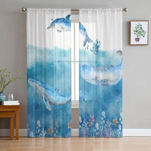 Marine Life Whale Dolphin Coral Window Tulle Curtains for Living Room Bedroom Hotel Luxury Decoration Sheer Curtains