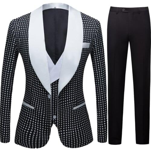 Mens gold plated black collar suit Set Wedding Black Dot Floral Pattern Slim Fit Party Prom Dress Tuxedo Singers Costume Suit