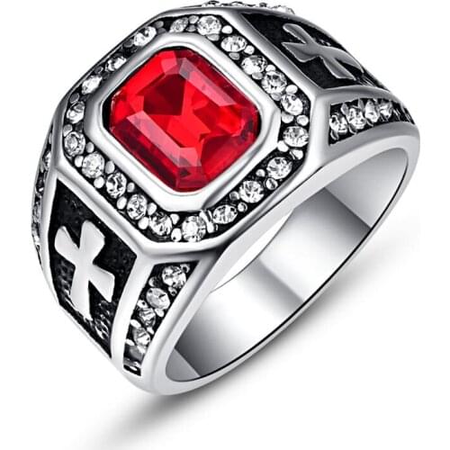 Stainless Steel Ring Vintage Red Crystal Cubic Zirconia Inlay Mens Ring Cross Totem Engagement Wedding Band Anillos