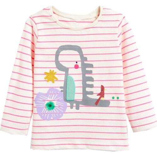 New Autumn Spring Cotton T shirts For Girls Clothes Stripe Animals Dinosaur Applique Tee Girls T shirts Clothing