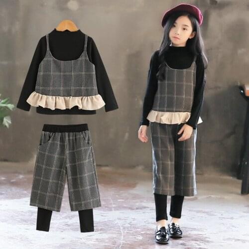 Girls Clothing 3 Piece Sets Spring Autumn Kids Vest+Bottoming Shirt +Fake 2 Piece Pants Girls Outfits Children Clothes 4-13T
