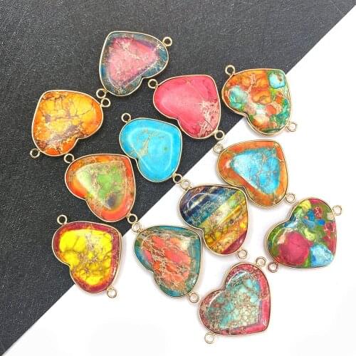 Love Heart Shaped Emperor Stone Connector 26x39mm Colorful Aura Stone Double Hole Pendant for DIY Handmade Jewelry Accessories
