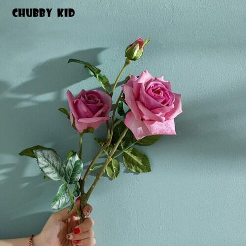 Real touch 3 heads artificial latex rose flowers High simulation wedding decorative Moisturizing feel long stem Roses bunch 6pcs