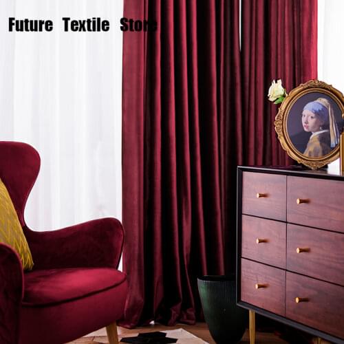 Luxury Nordic Velvet Curtain Red Blackout Curtains for Living Room Bedroom Thickened Velvet French Window Curtains